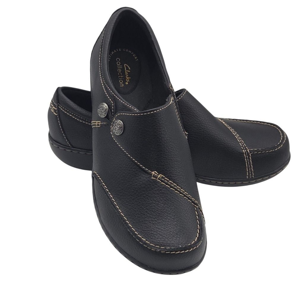 Clarks Women's Ashland Lane Q Black Leather Loafers Slip-On Casual Shoes Size 10